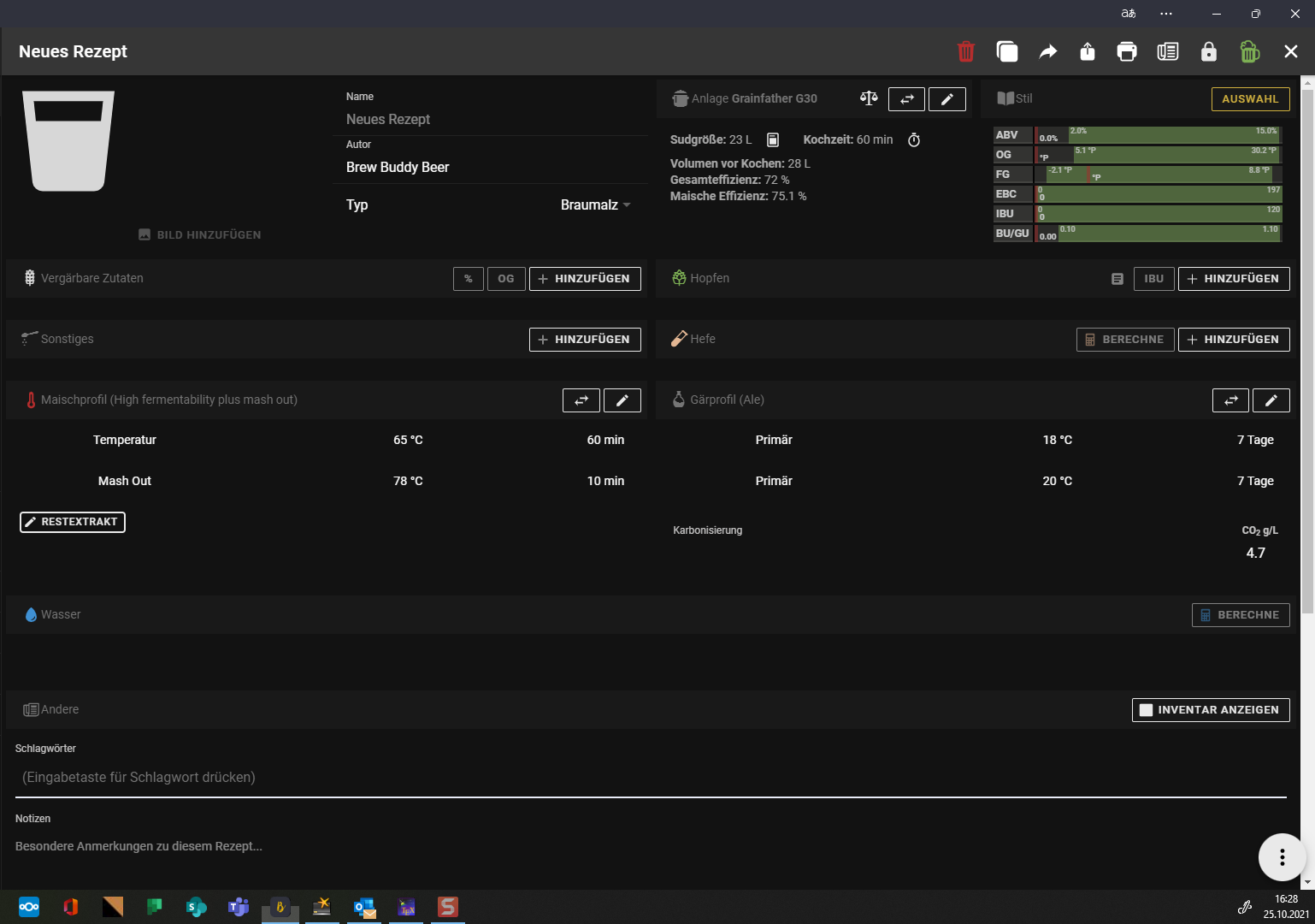 Startseite des Rezept-Designer beim Erstellen eines neuen Rezeptes